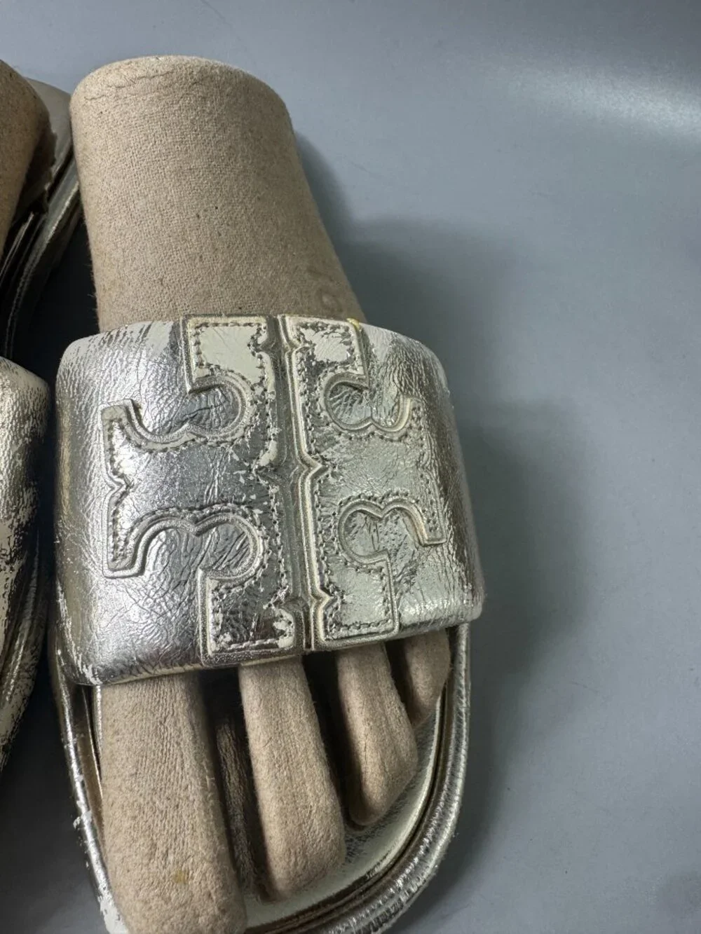 TORY BURCH Double T Sport Metallic Slide Sandals In Spark Gold- Size US 8